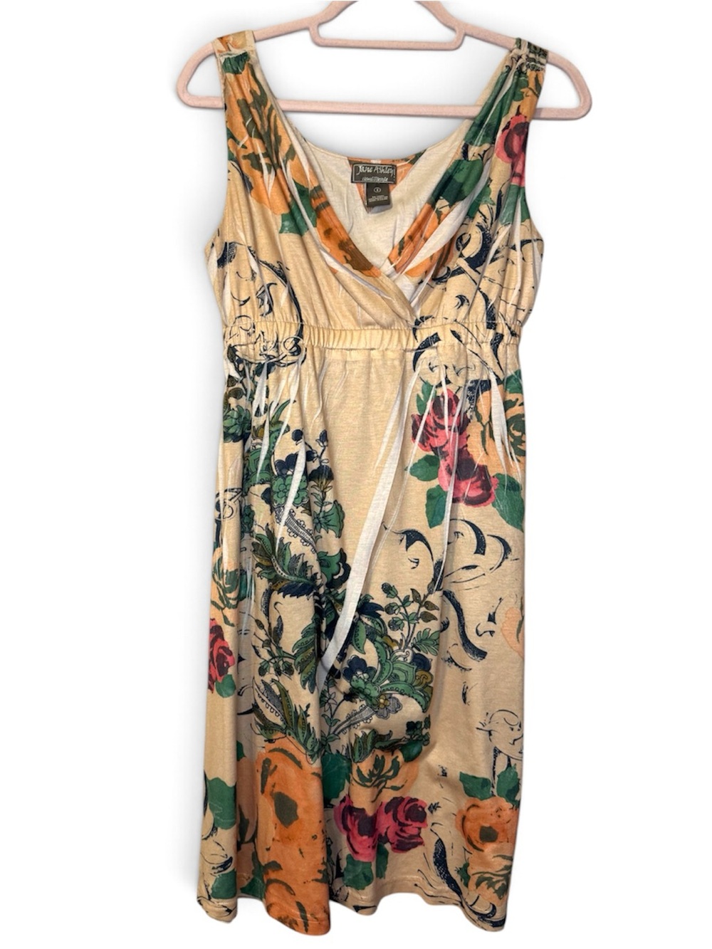 Jane Ashley Floral Summer Dress - Beige with Green & Orange